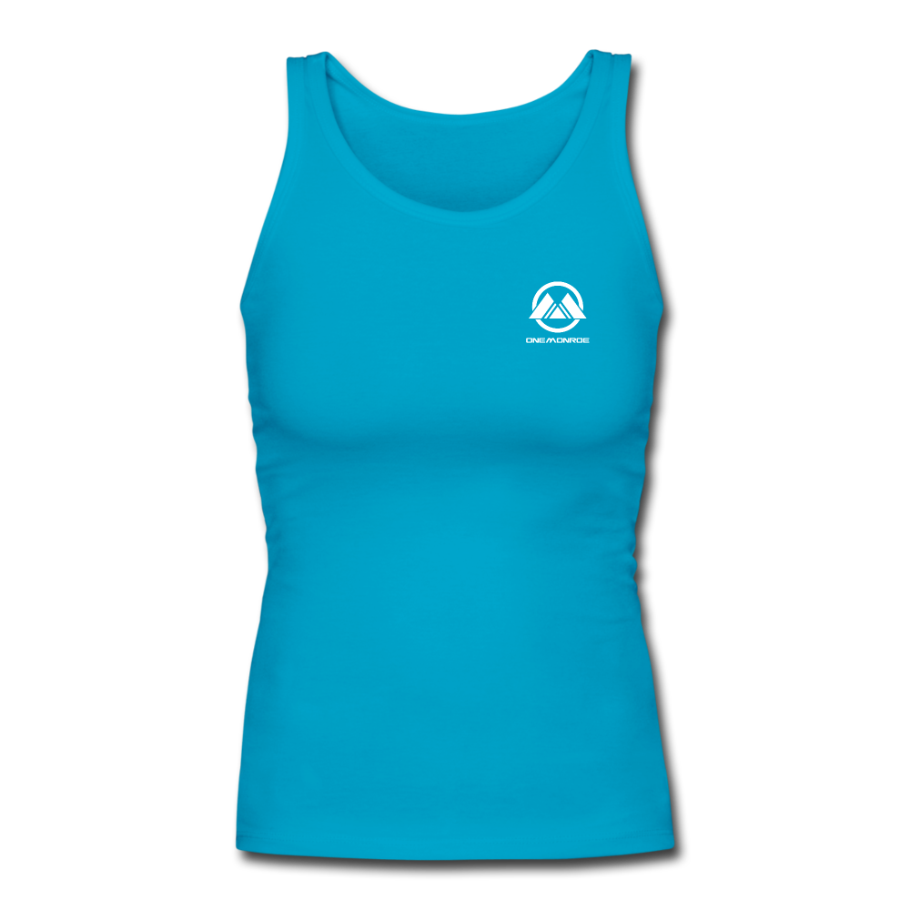 Women's Longer Length Fitted Tank - White One Monroe Logo - turquoise